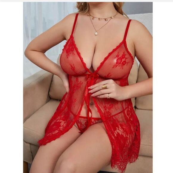 Women's Plus Size Lace Babydoll Lingerie Strappy Neligee Sheer Lace Chemise XMAS - Picture 3 of 4
